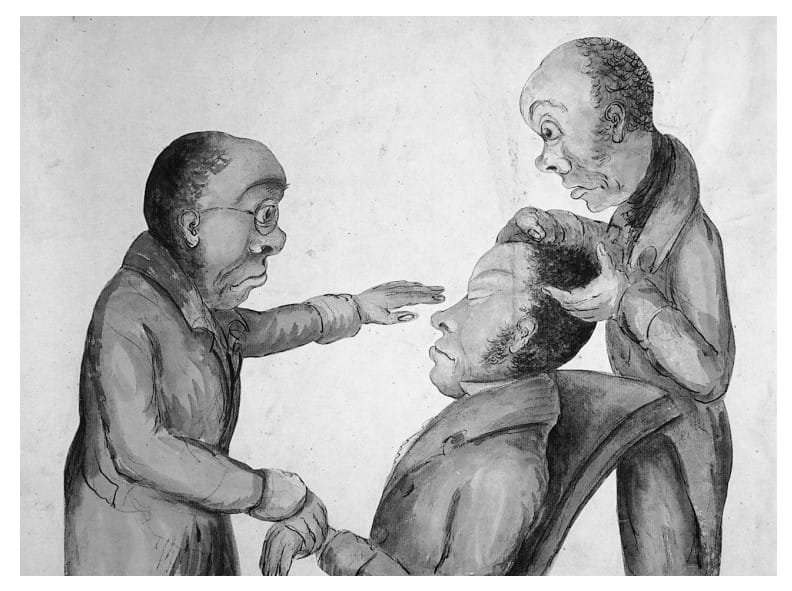 History of neuropsychology : Franz Joseph Gall and Johann Caspar Spurzheim, the founders of phrenology, are shown examining a patient by feeling the bumps on his head.