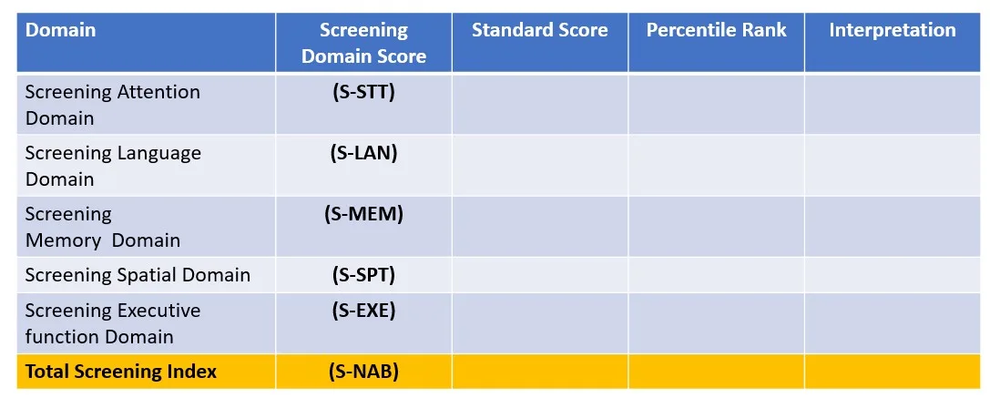 Result Table Neuropsychological Assessment Battery