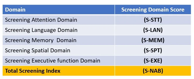 Neuropsychological Assessment Battery : Screening Domain Score summary